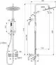 Duschsystem von Ideal Standard mit einer Brausearmatur und Kreuzgriffen. Gezeigt werden Maße und Details in technischer Darstellung.